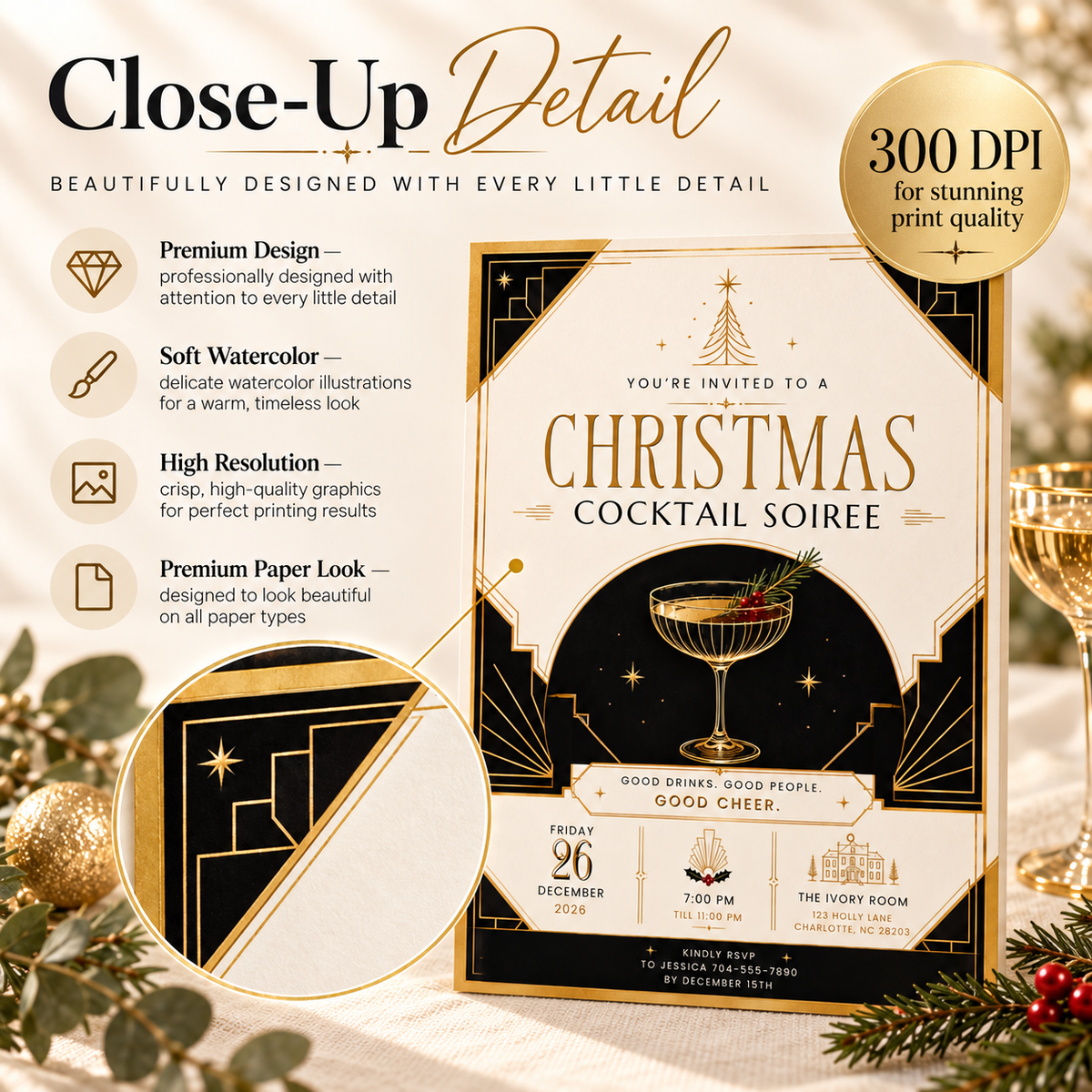 Christmas Party Invitation Cocktail Soiree - Gold & Creme & Black