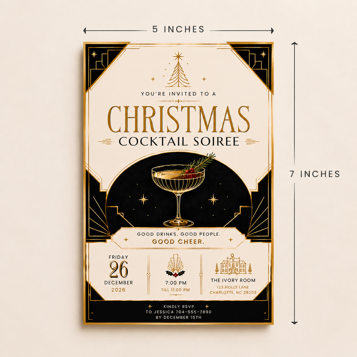 Christmas Party Invitation Cocktail Soiree - Gold & Creme & Black