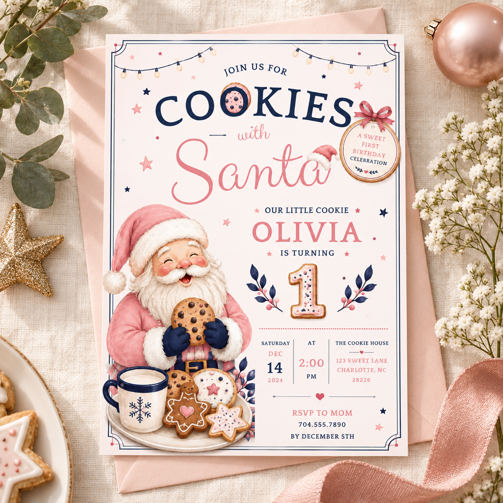 She Is One Cookies With Santa Invitation -  Blush Navy