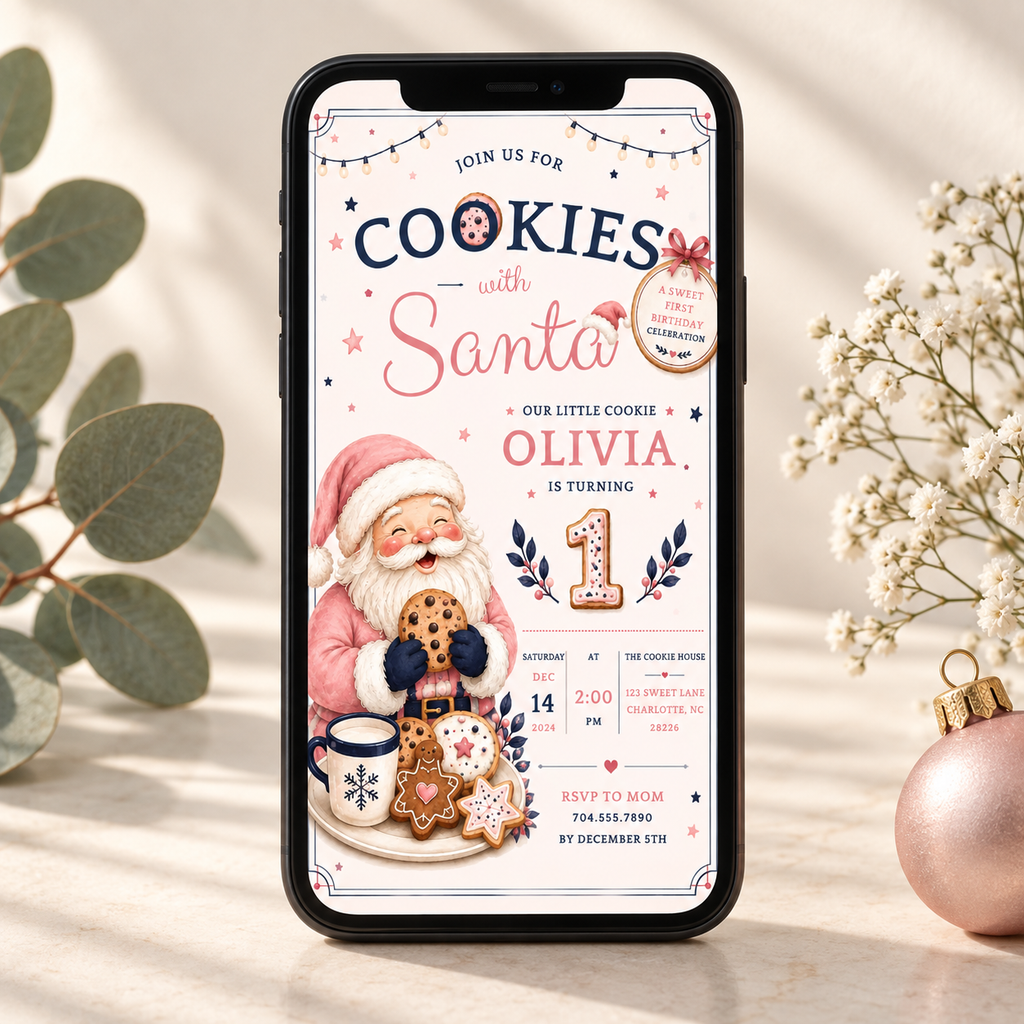 She Is One Cookies With Santa Invitation -  Blush Navy