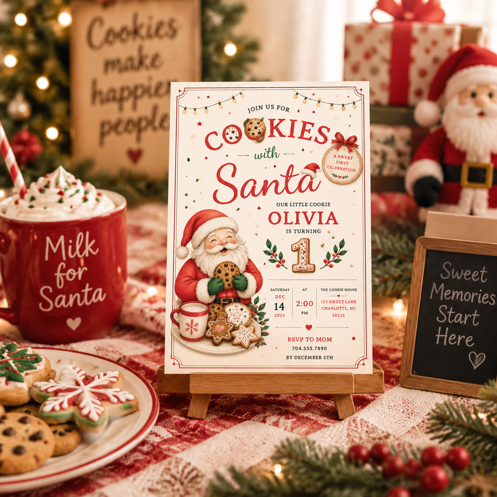 She Is One Cookies With Santa Invitation -  Blush Navy