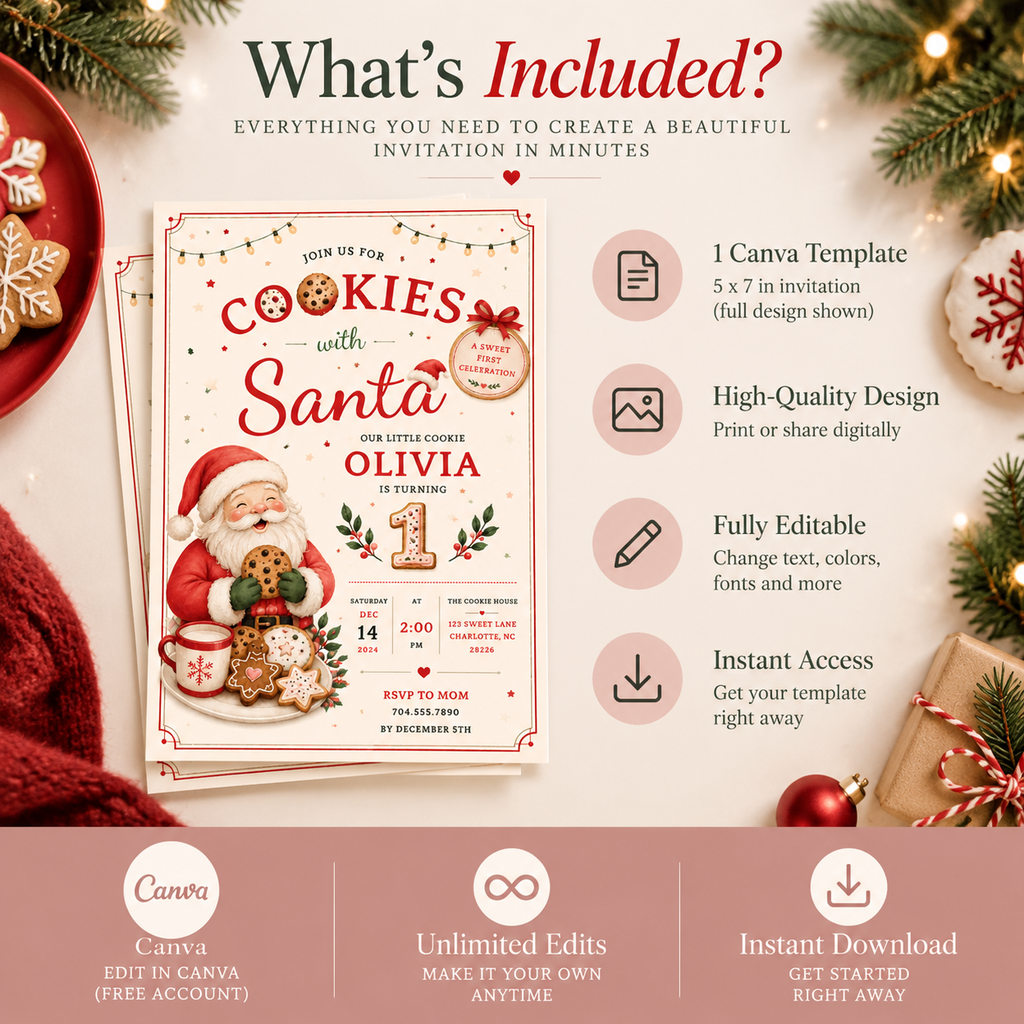 She Is One Cookies With Santa Invitation -  Blush Navy