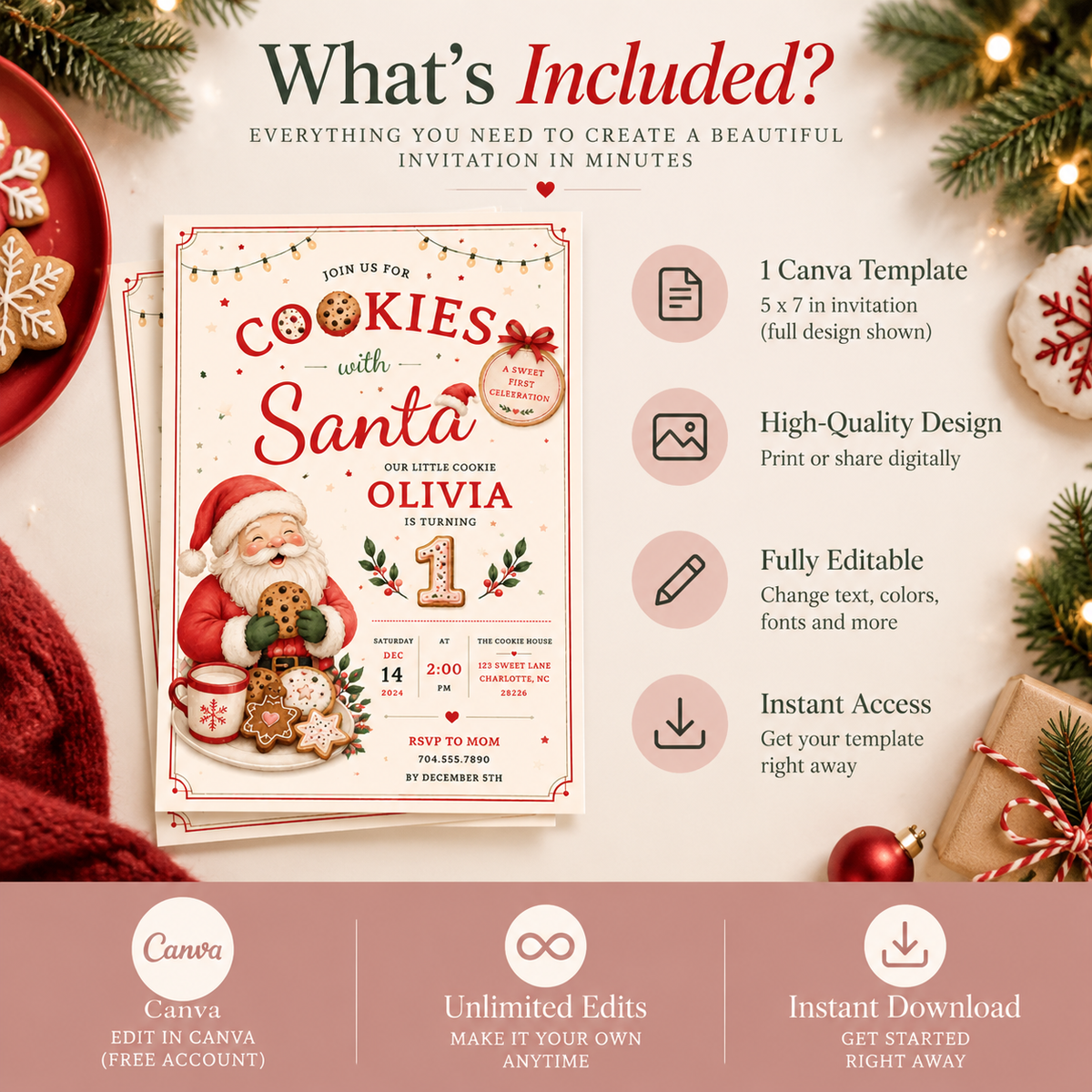 She Is One Cookies With Santa Invitation -  Blush Navy