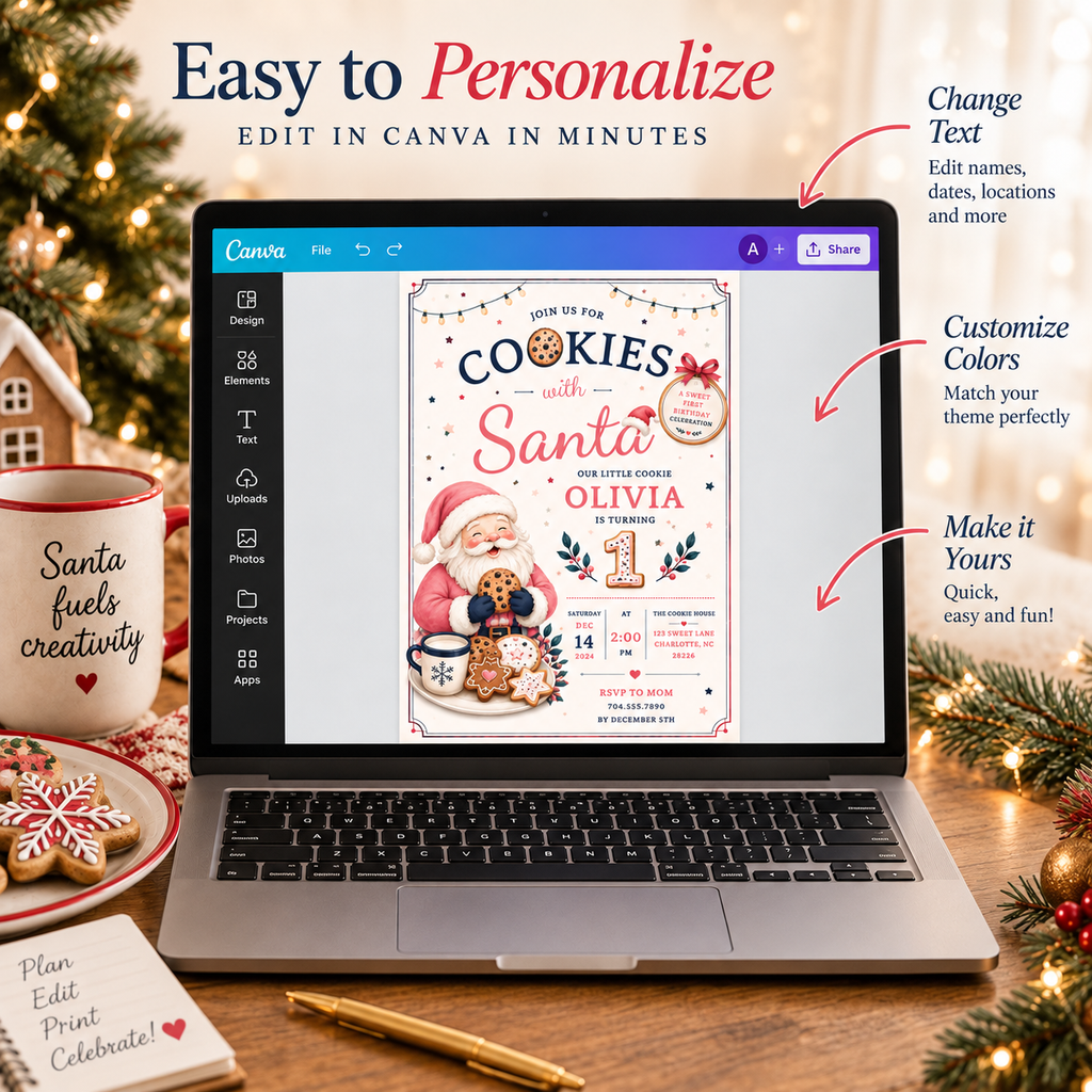 She Is One Cookies With Santa Invitation -  Blush Navy