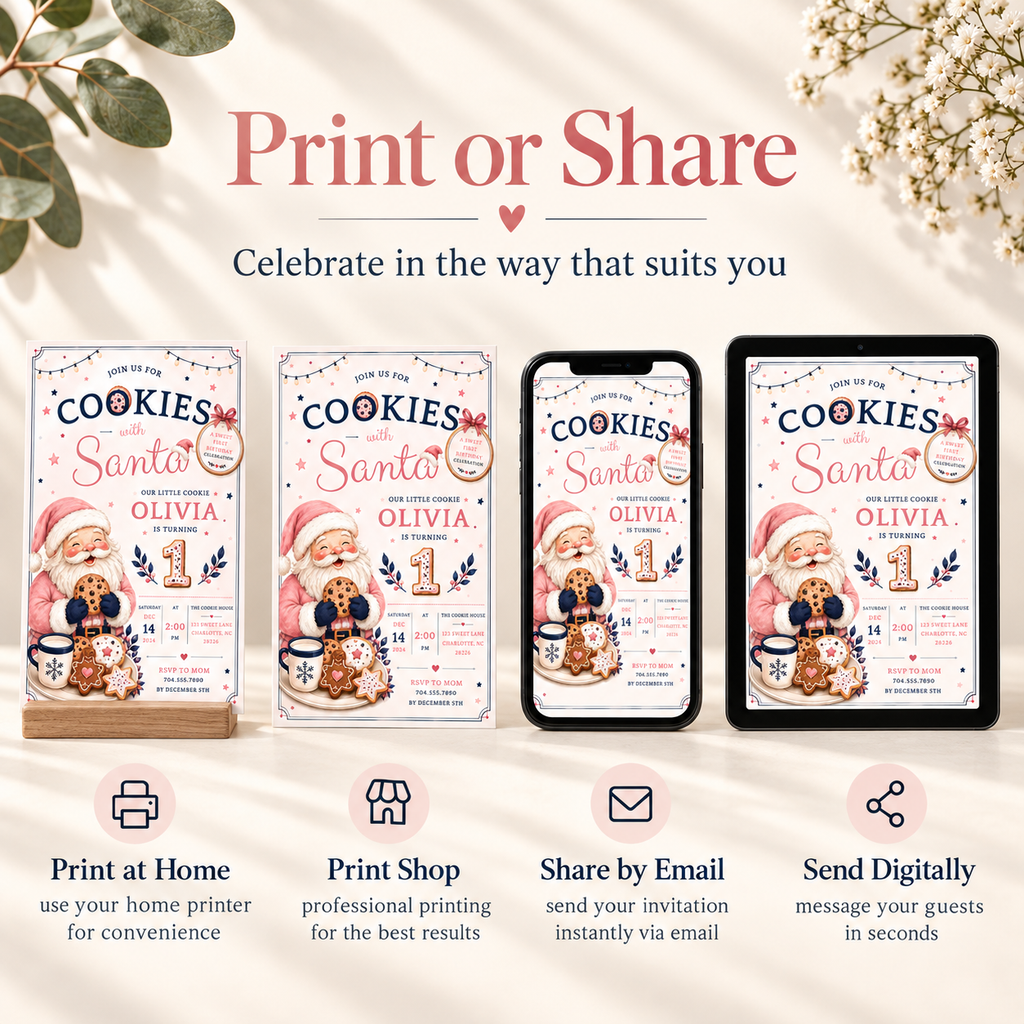 She Is One Cookies With Santa Invitation -  Blush Navy