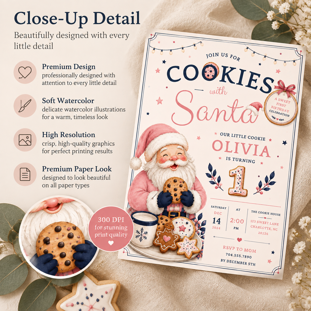 She Is One Cookies With Santa Invitation -  Blush Navy