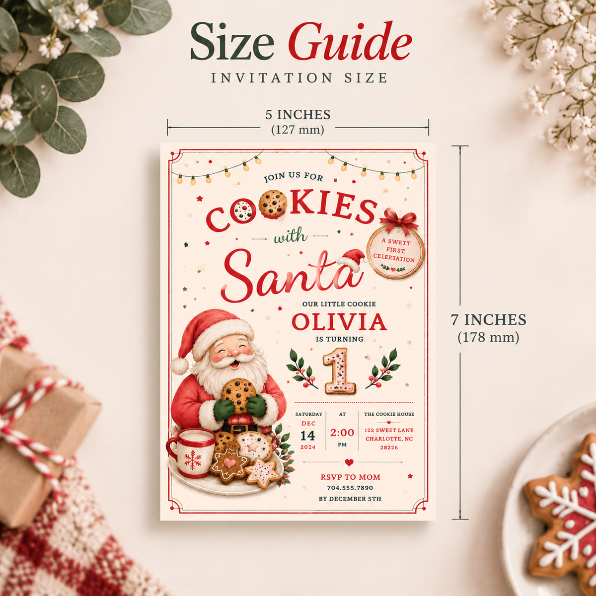 She Is One Cookies With Santa Invitation -  Blush Navy