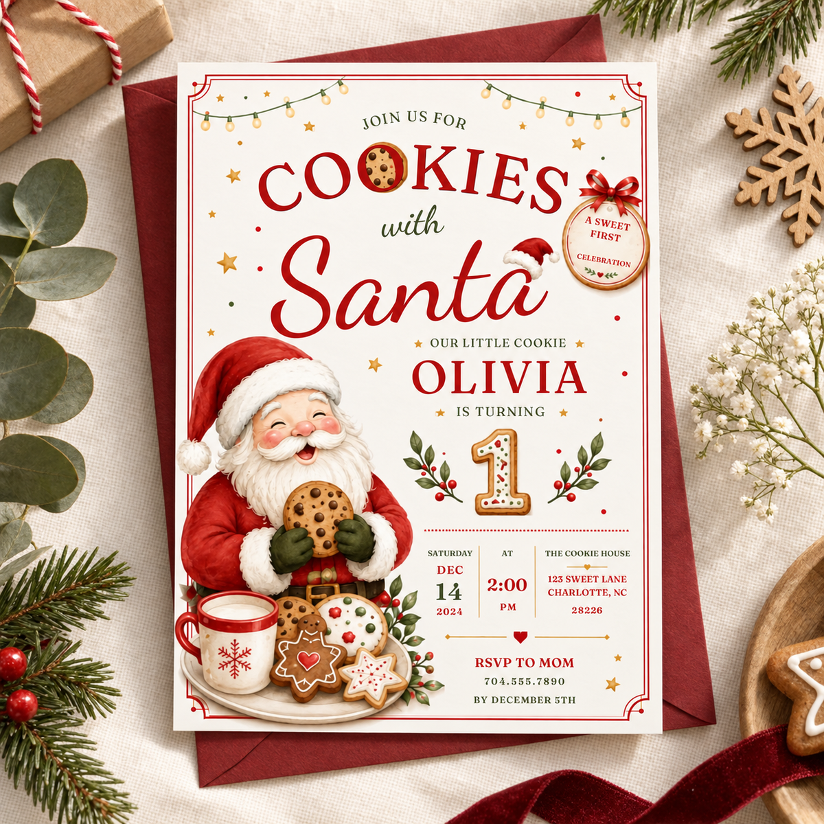 She Is One Cookies With Santa Invitation - Red Creme