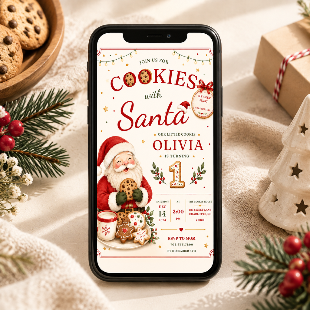 She Is One Cookies With Santa Invitation - Red Creme