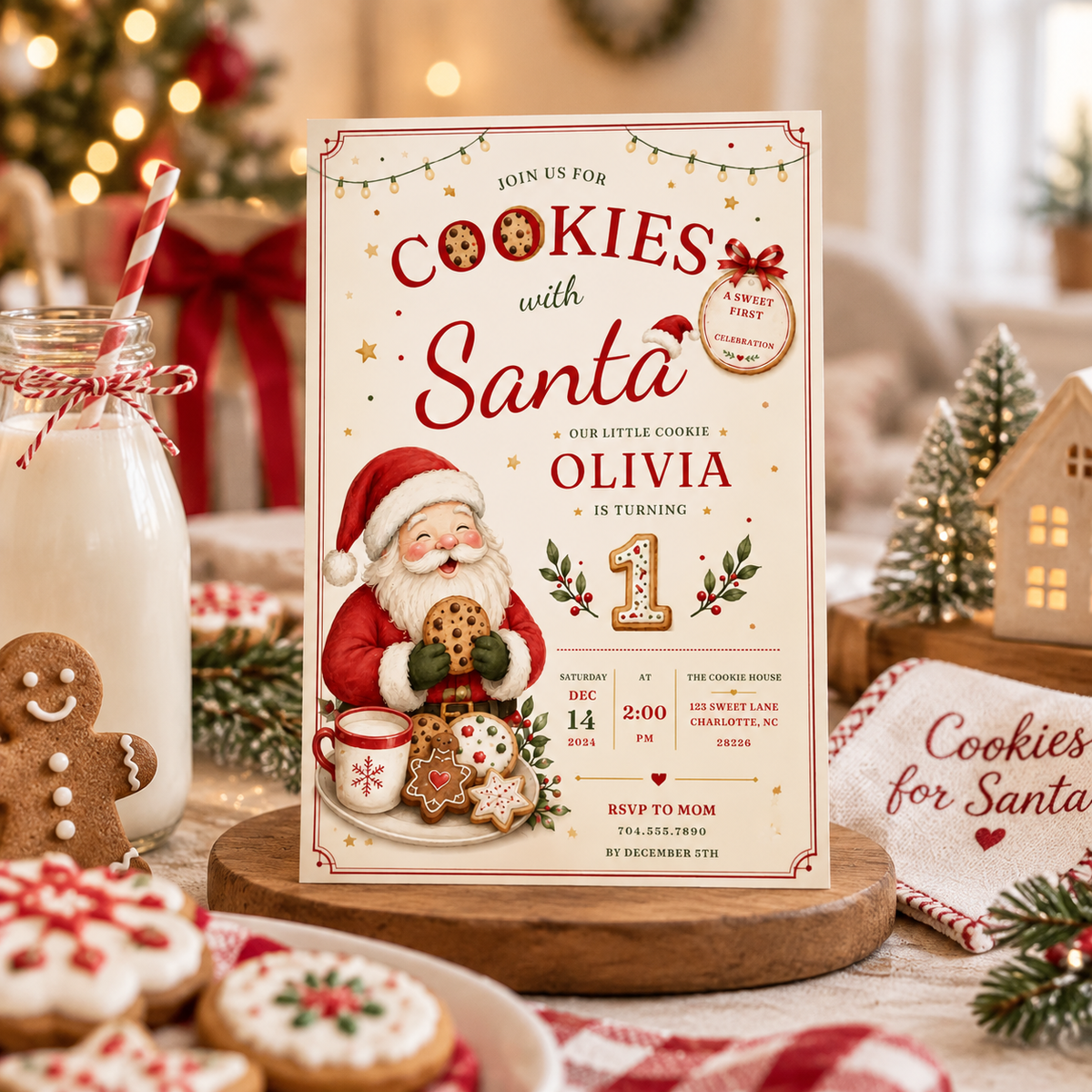 She Is One Cookies With Santa Invitation - Red Creme