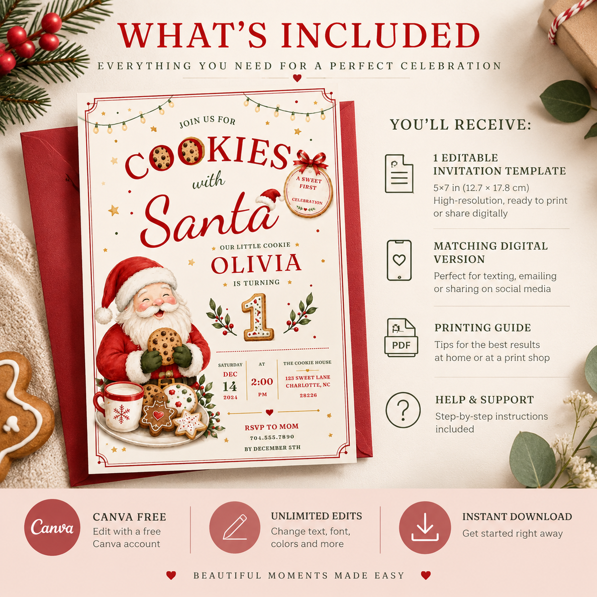 She Is One Cookies With Santa Invitation - Red Creme