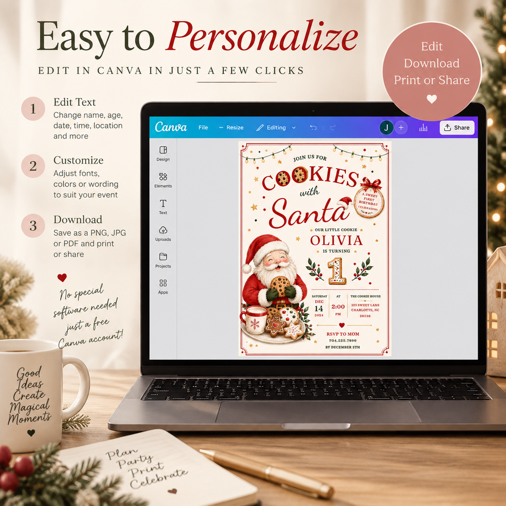 She Is One Cookies With Santa Invitation - Red Creme