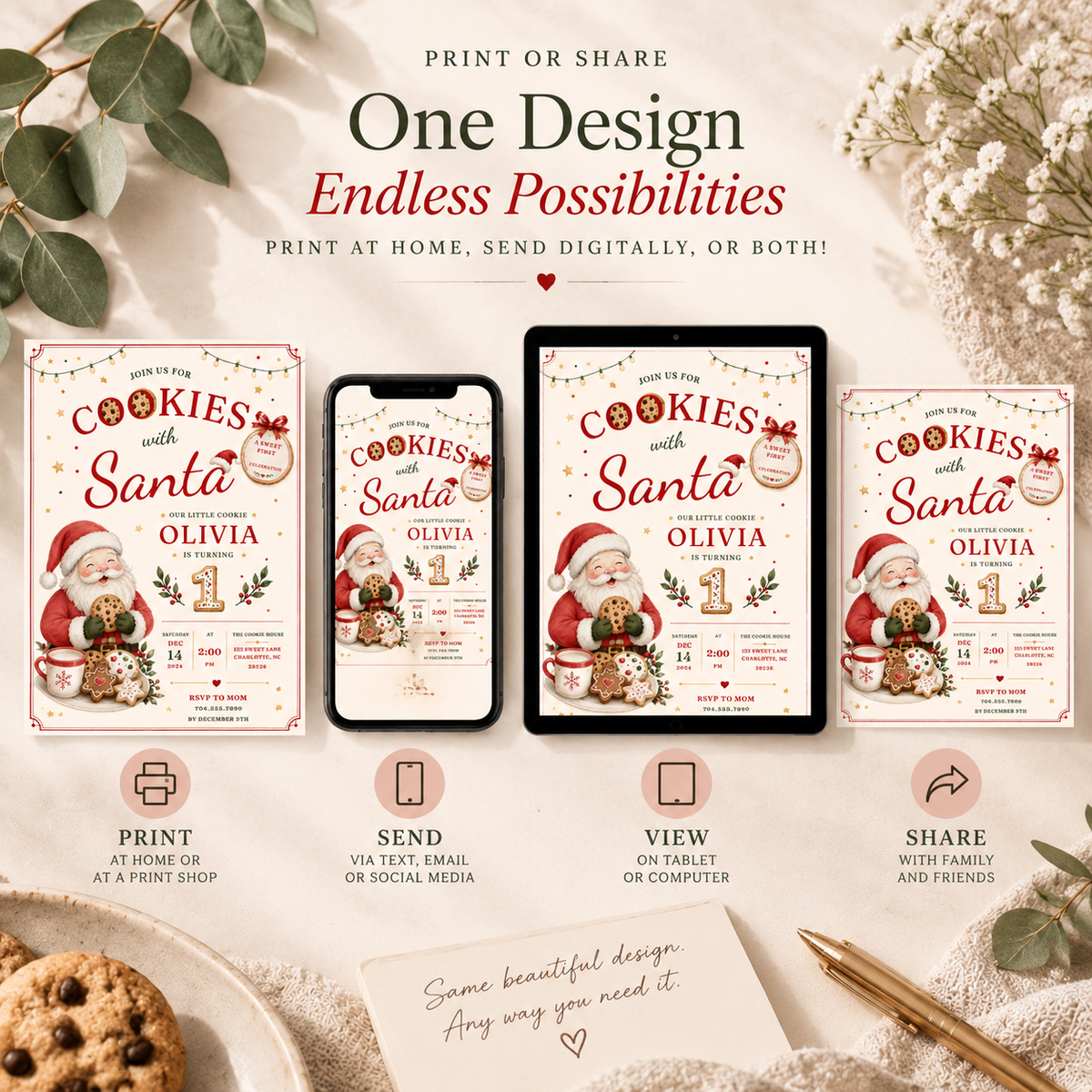 She Is One Cookies With Santa Invitation - Red Creme
