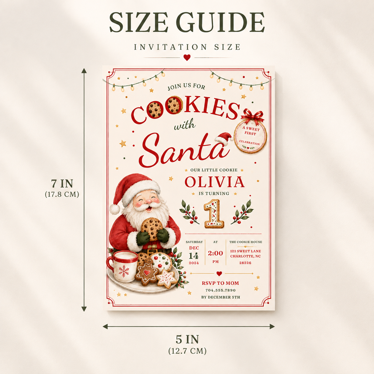 She Is One Cookies With Santa Invitation - Red Creme