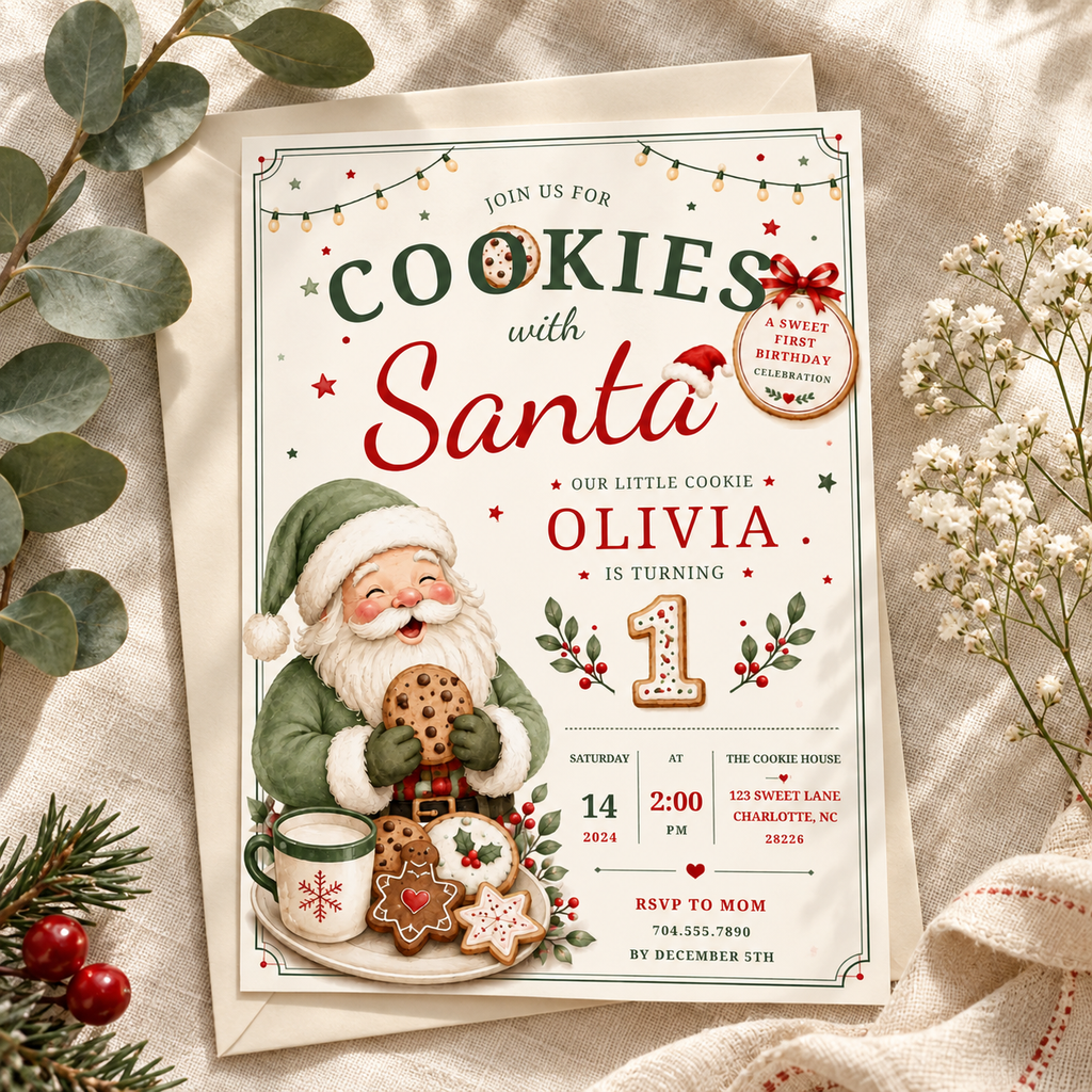 She Is One Cookies With Santa Invitation - Sage Green Red