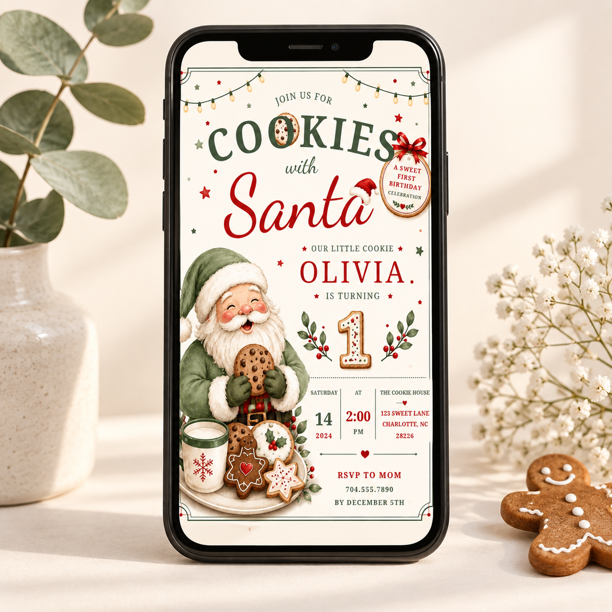 She Is One Cookies With Santa Invitation - Sage Green Red