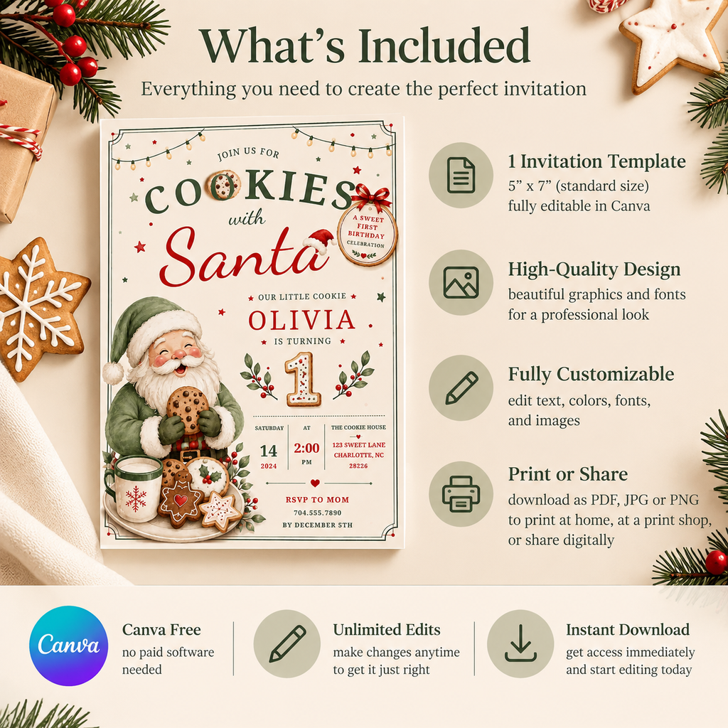 She Is One Cookies With Santa Invitation - Sage Green Red