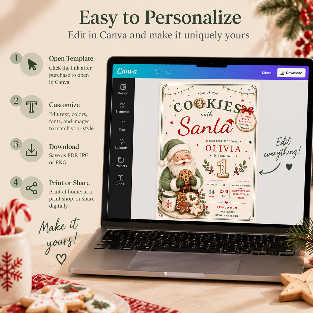 She Is One Cookies With Santa Invitation - Sage Green Red