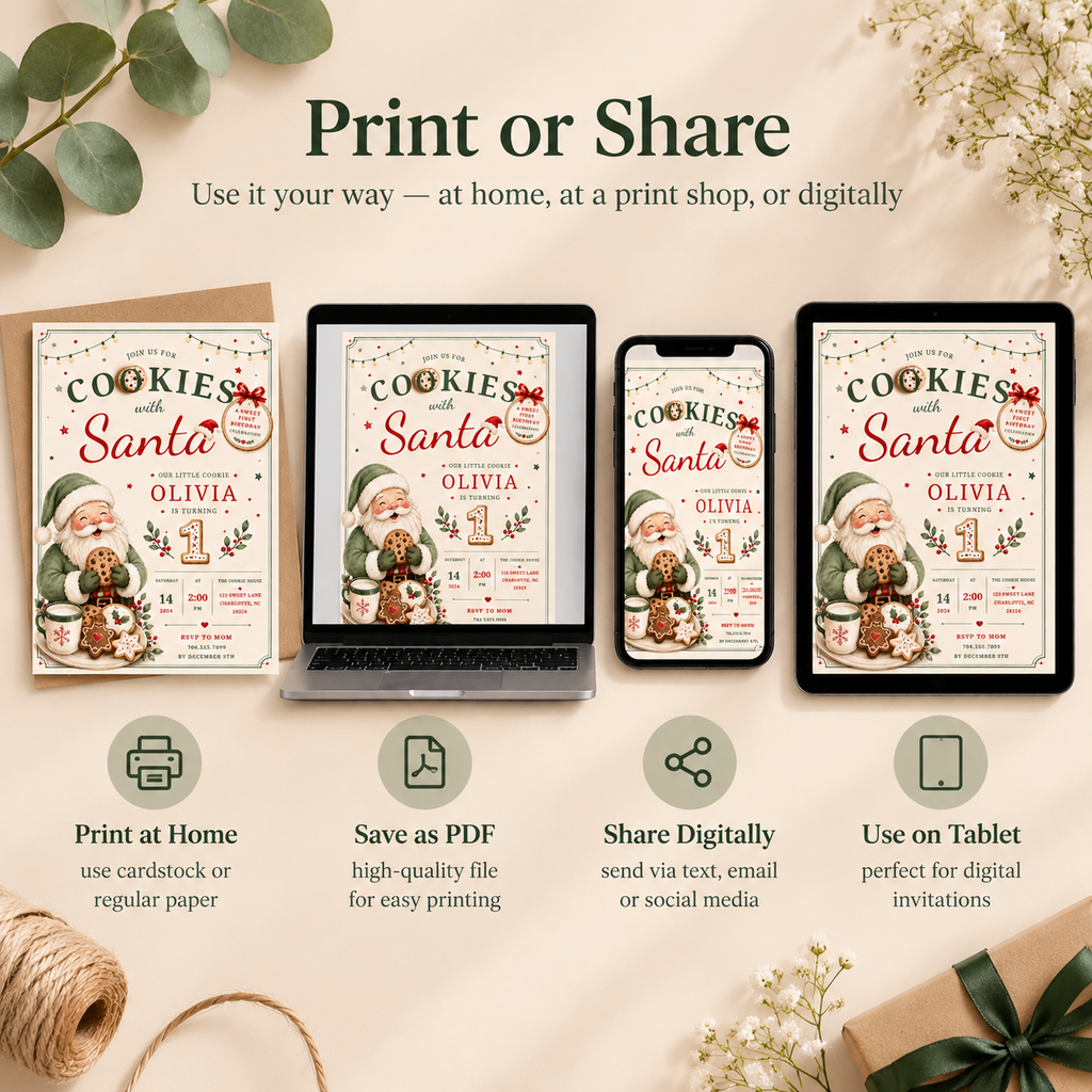 She Is One Cookies With Santa Invitation - Sage Green Red