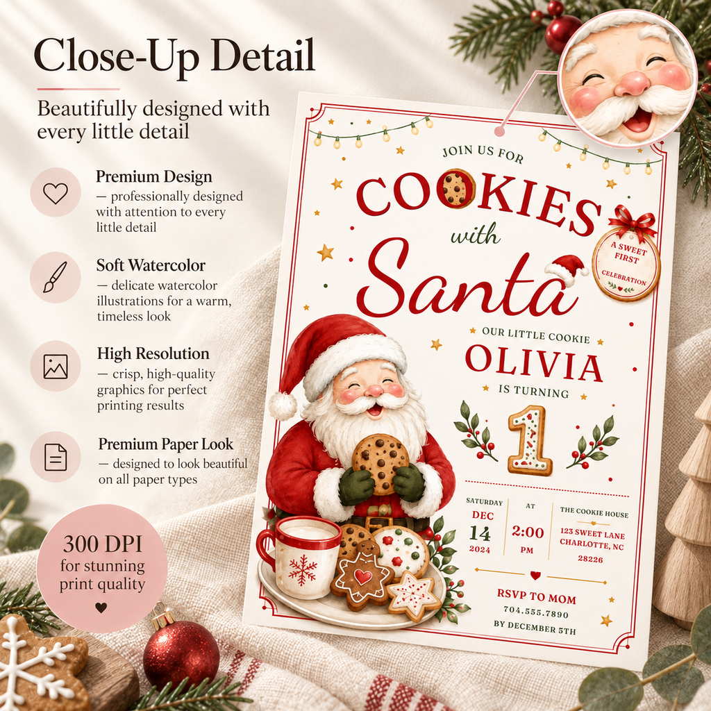 She Is One Cookies With Santa Invitation - Red Creme