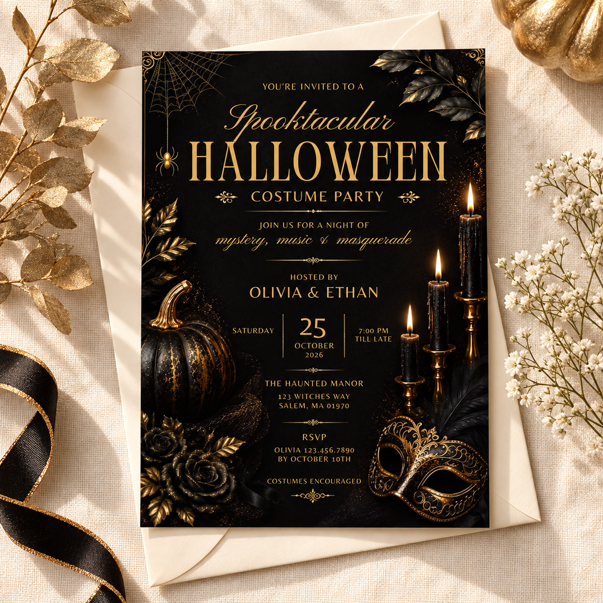 Elegant Halloween Invitation - Black Gold