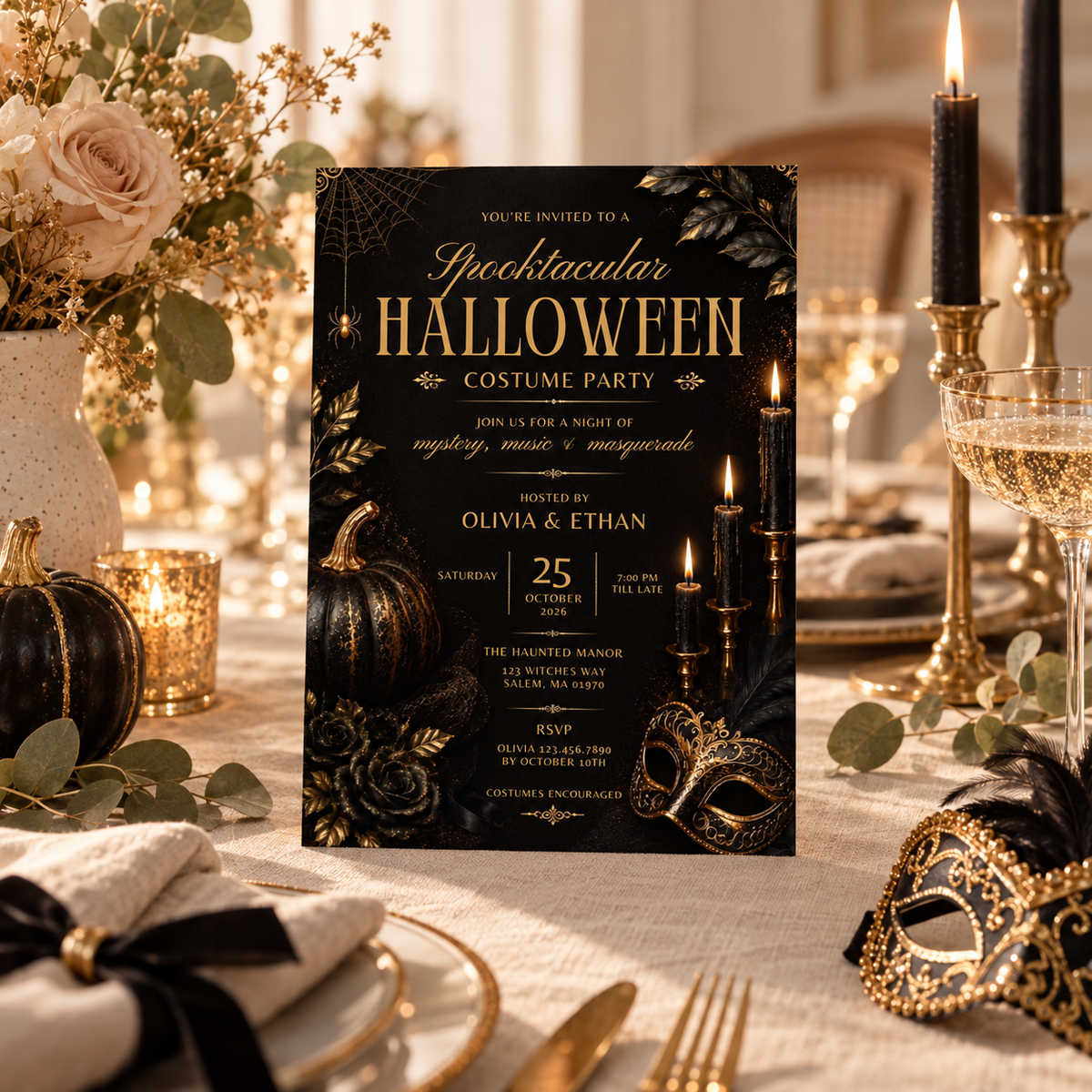 Elegant Halloween Invitation - Black Gold