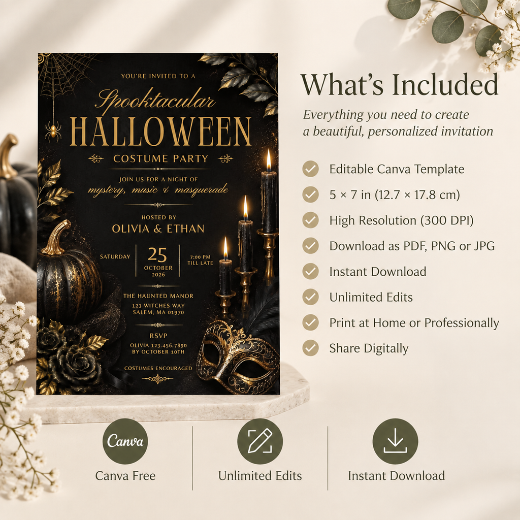 Elegant Halloween Invitation - Black Gold