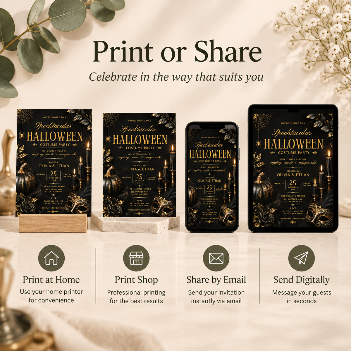 Elegant Halloween Invitation - Black Gold