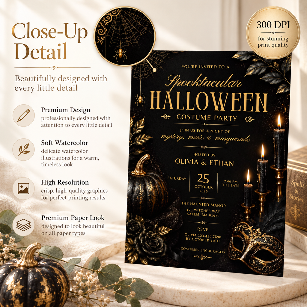 Elegant Halloween Invitation - Black Gold