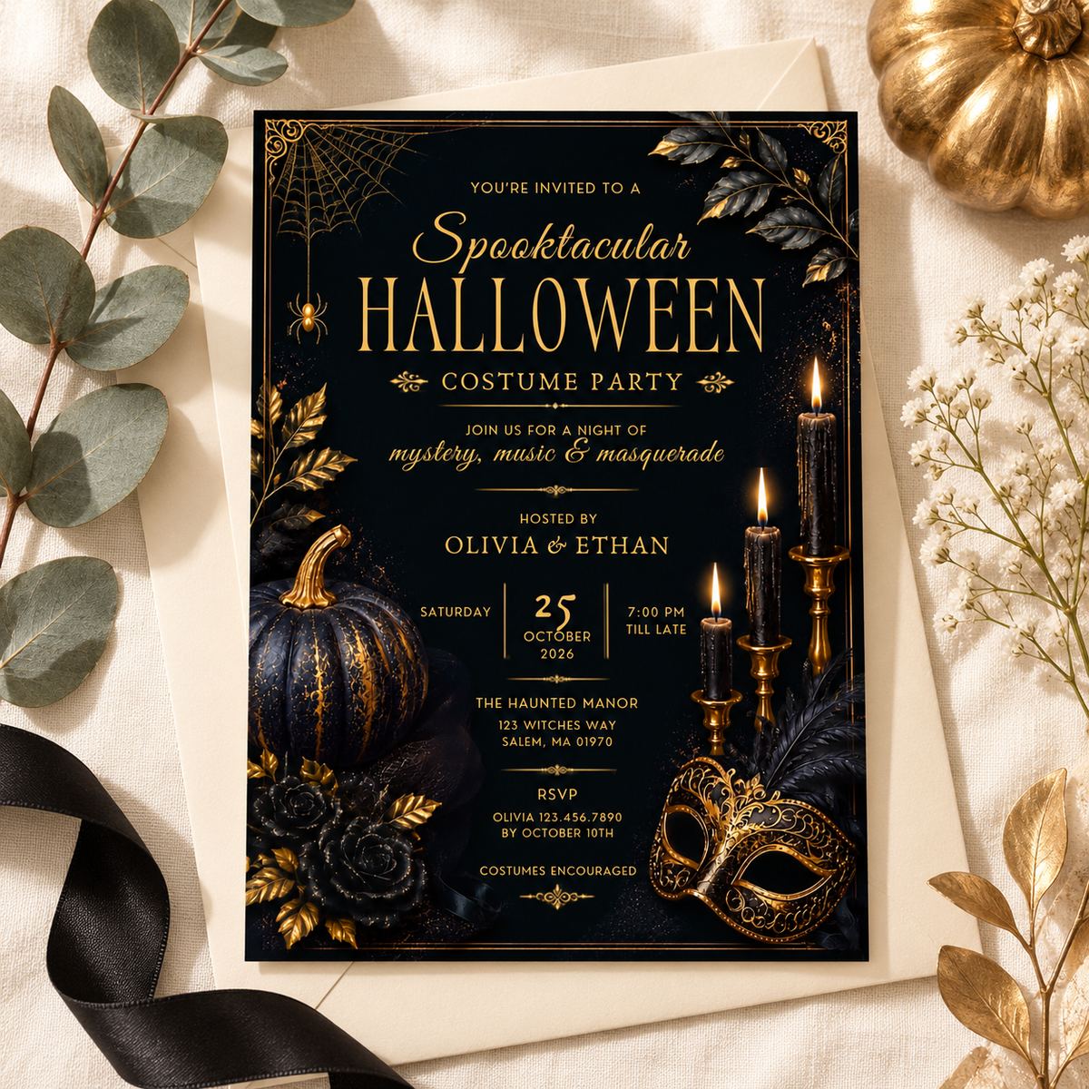 Elegant Halloween Invitation - Navy Gold