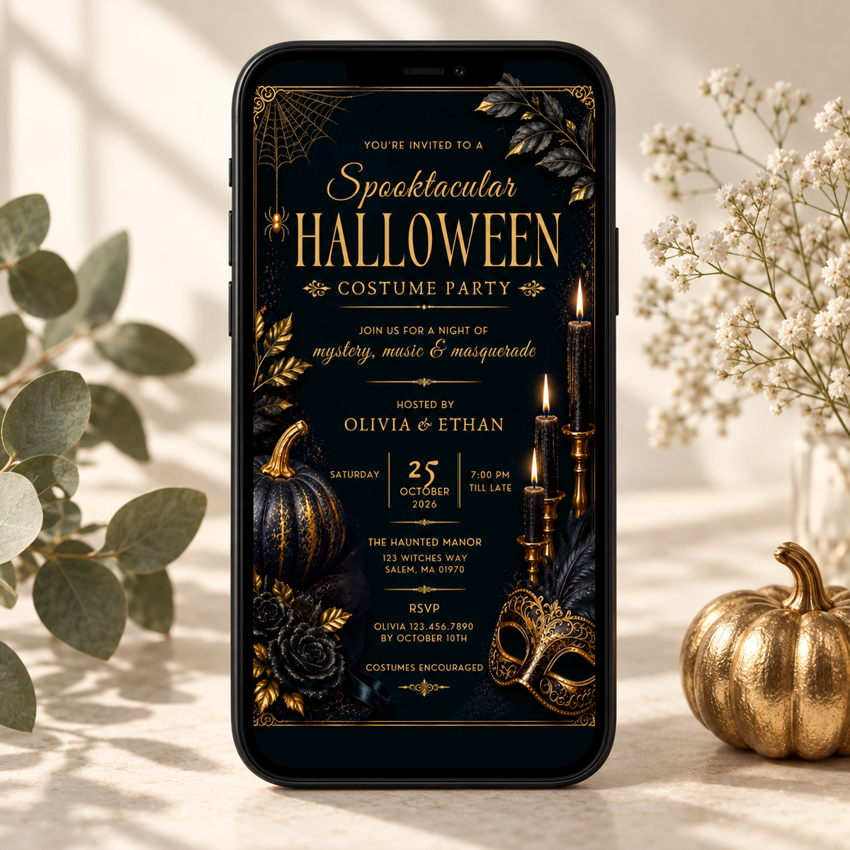 Elegant Halloween Invitation - Navy Gold