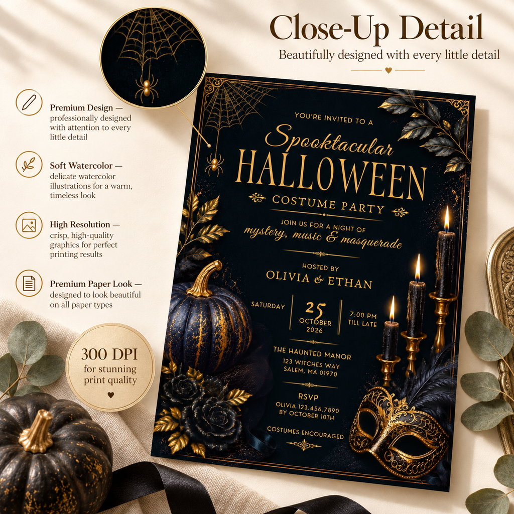 Elegant Halloween Invitation - Navy Gold
