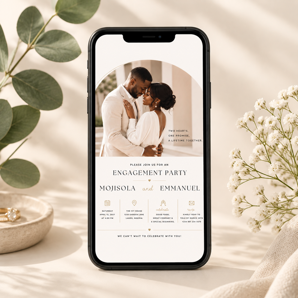 Phone: Engagement Party Invitation Cream & Gold shown on a phone screen
