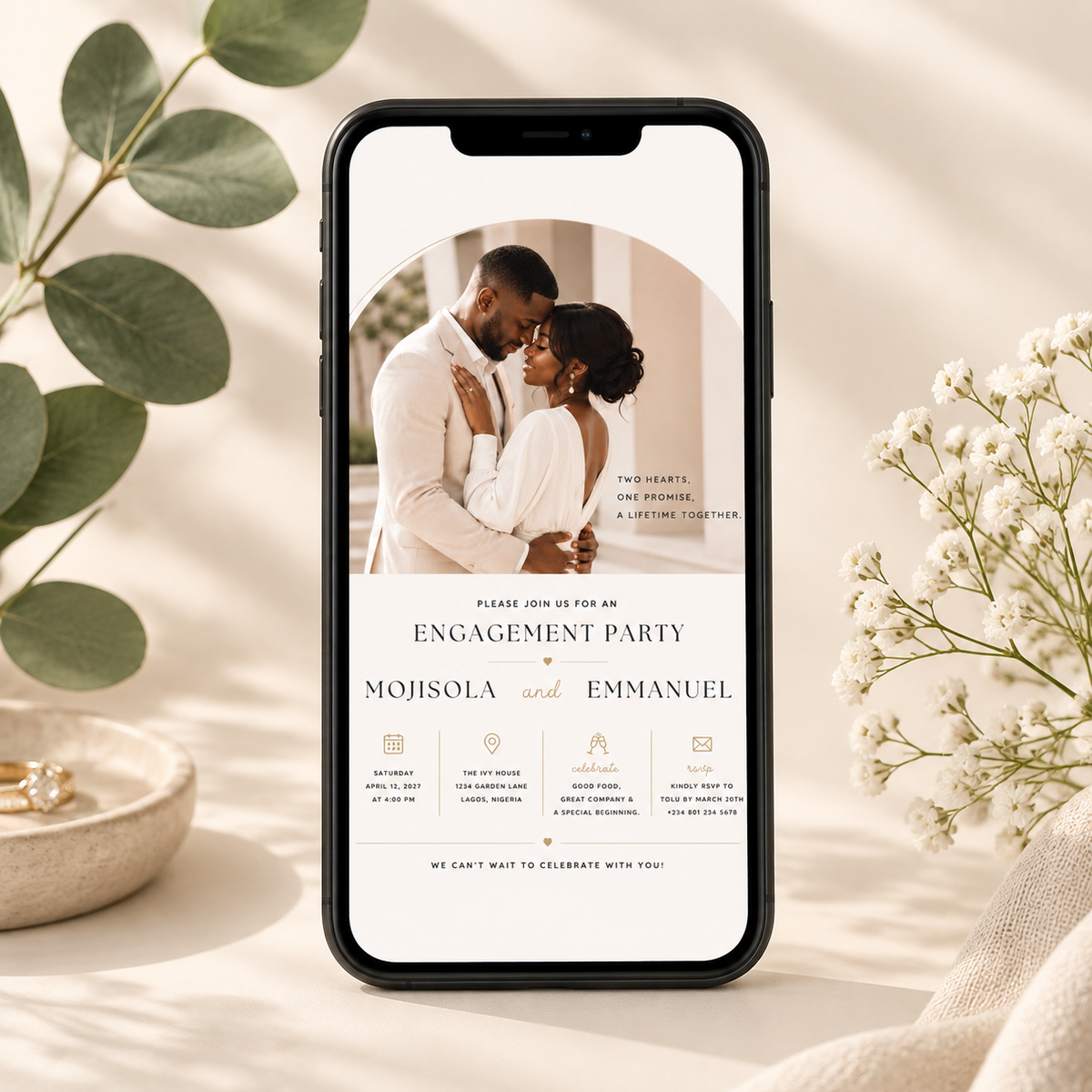 Phone: Engagement Party Invitation Cream & Gold shown on a phone screen