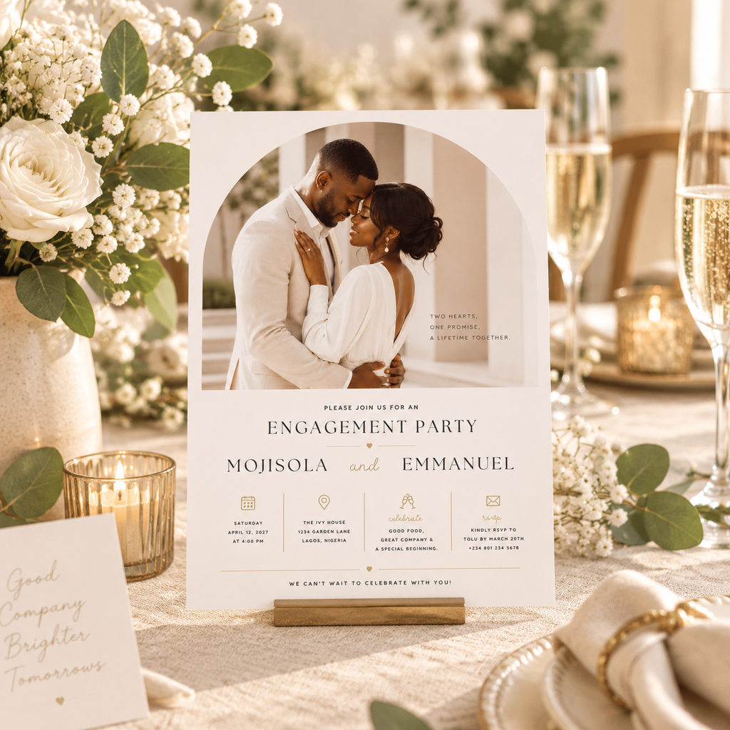 Styled: Engagement Party Invitation Cream & Gold in a romantic engagement celebration setting