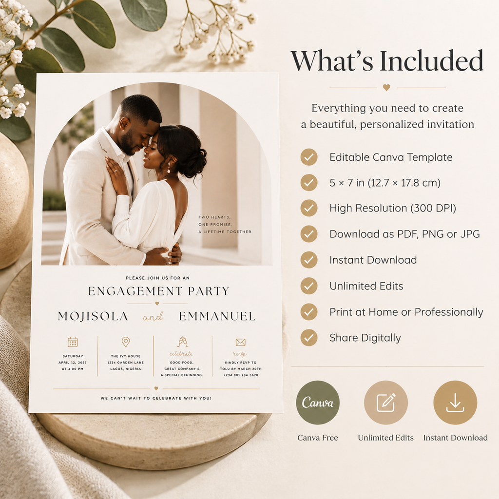 What’s Included: What’s included with the Engagement Party Invitation Cream & Gold