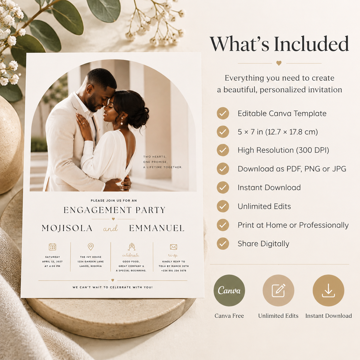 What’s Included: What’s included with the Engagement Party Invitation Cream & Gold