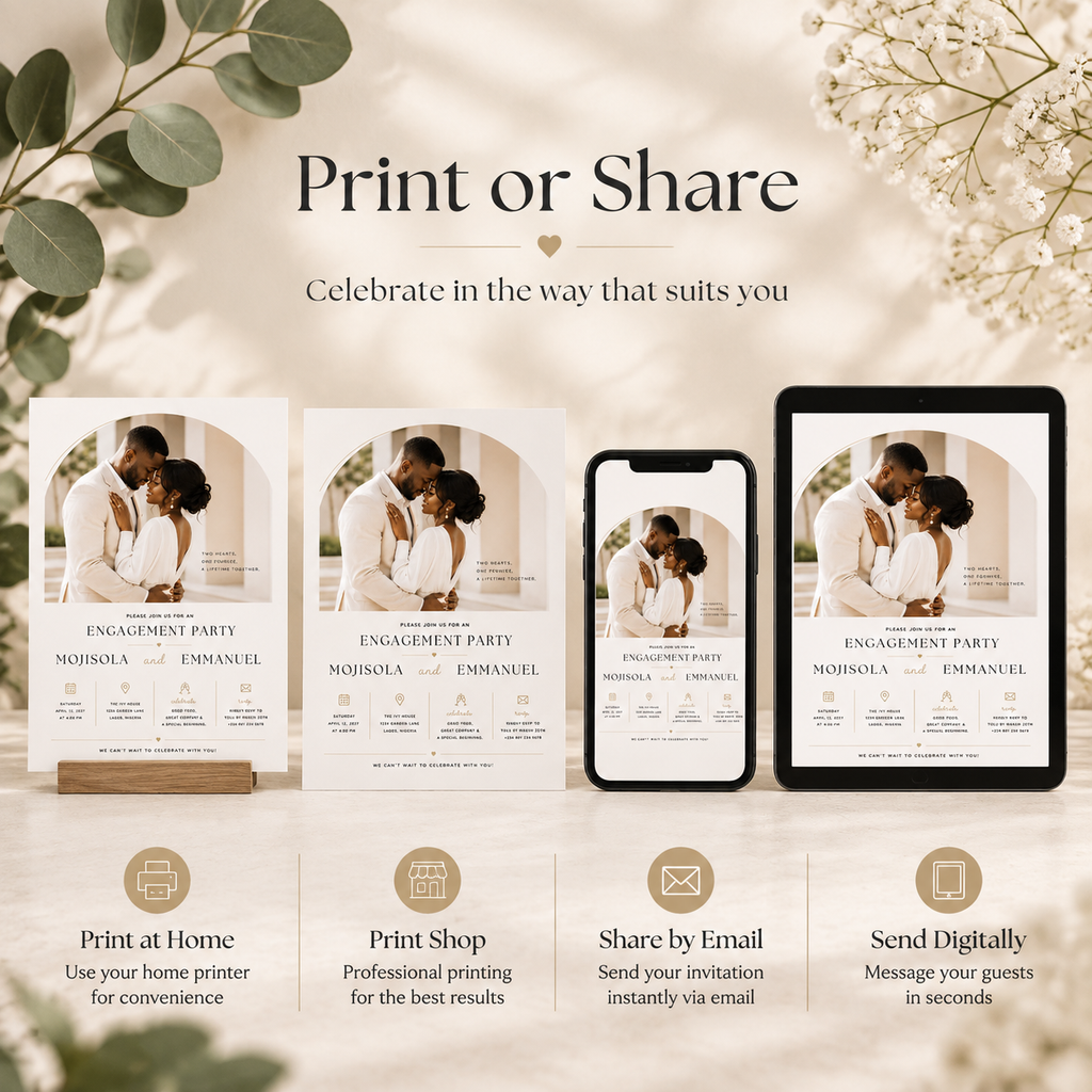 Print or Share: Engagement Party Invitation Cream & Gold, print at home or share digitally