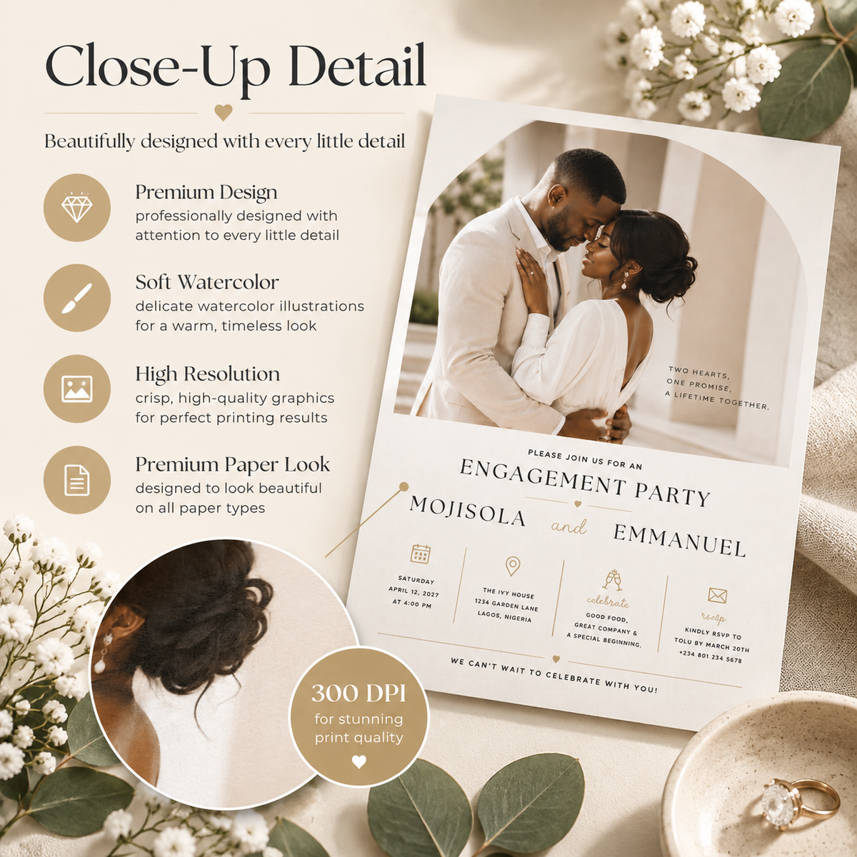 Close-up: Close-up detail of the Engagement Party Invitation Cream & Gold design