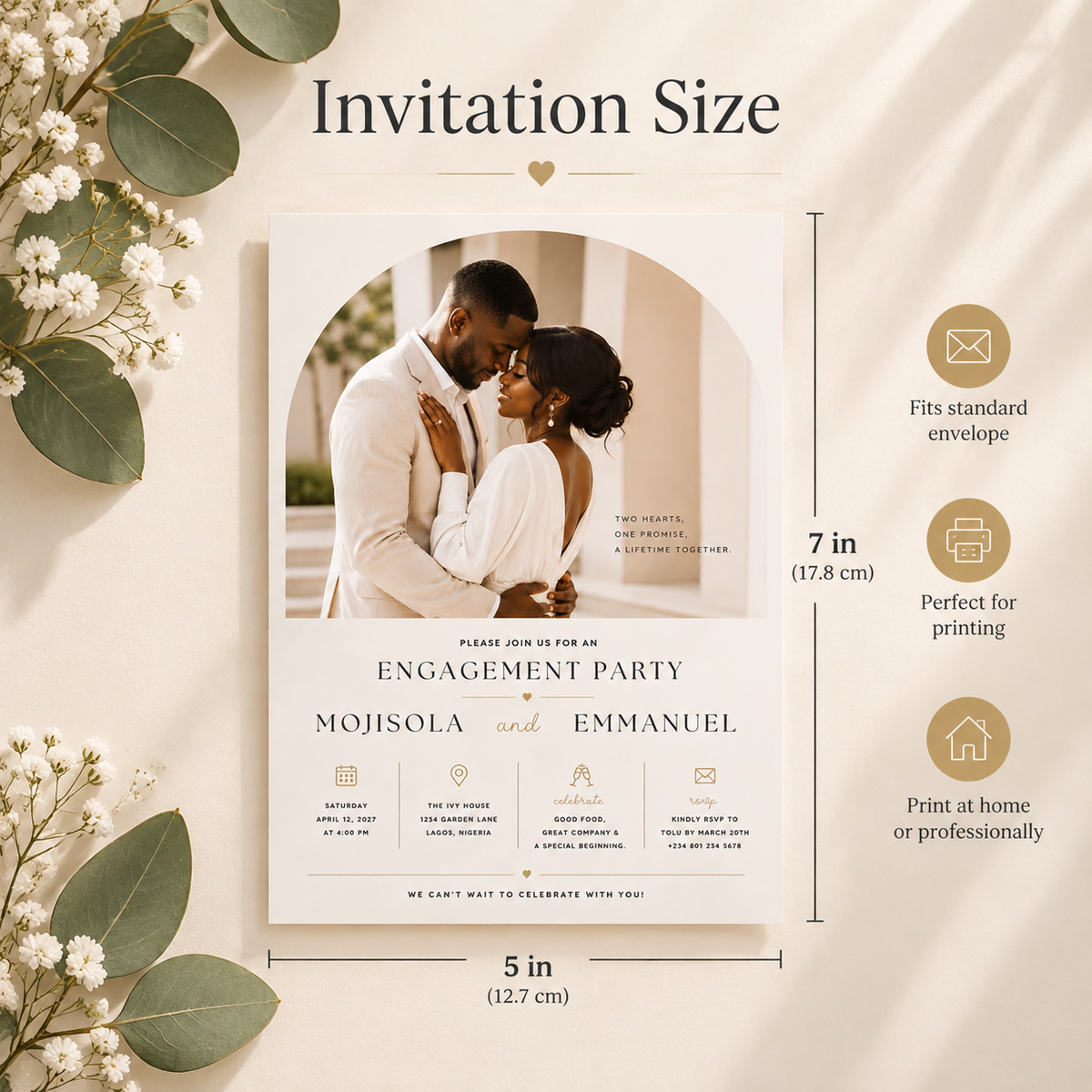 Size: Engagement Party Invitation Cream & Gold, 5x7 inch size guide