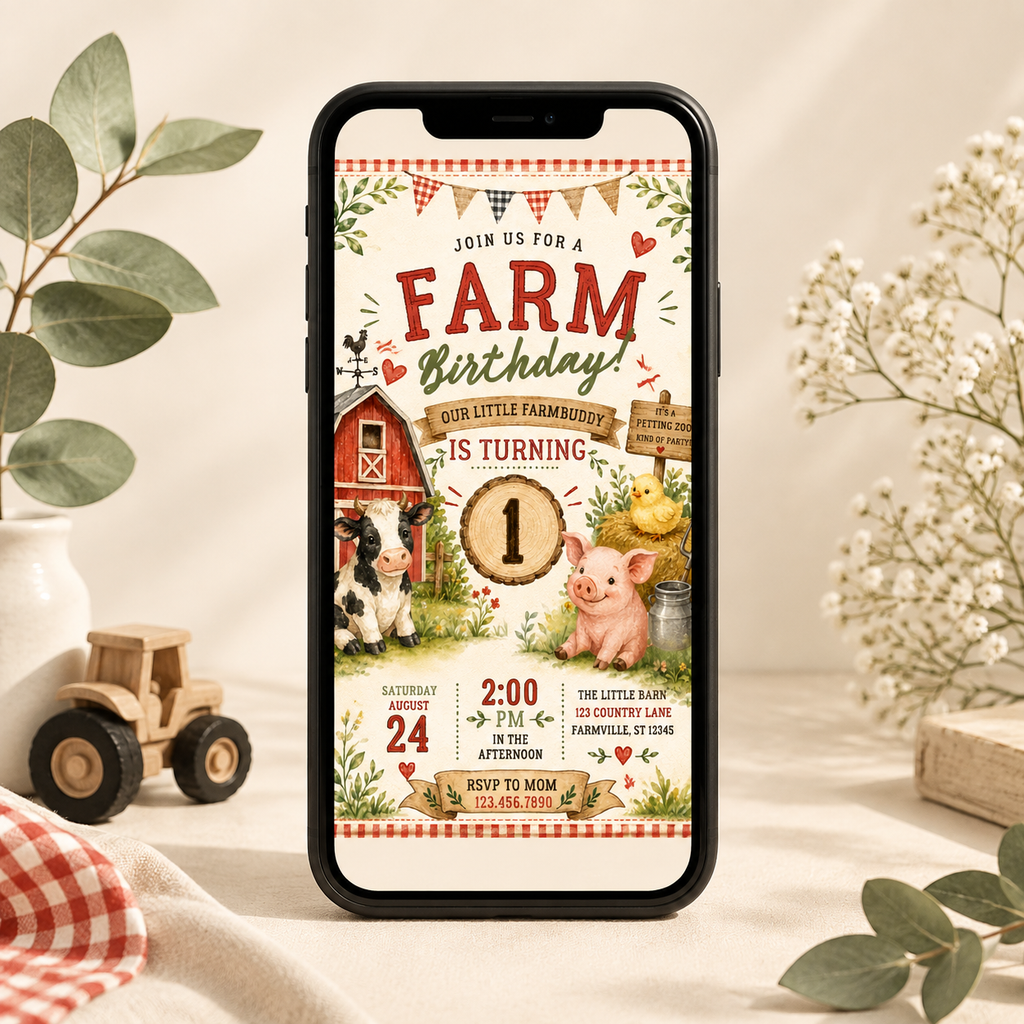 Watercolor Farm Animals Birthday Invitation