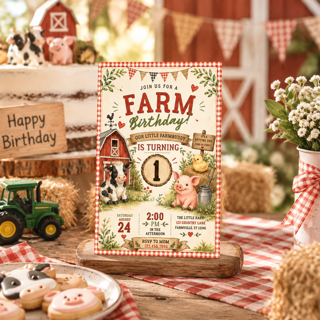 Watercolor Farm Animals Birthday Invitation