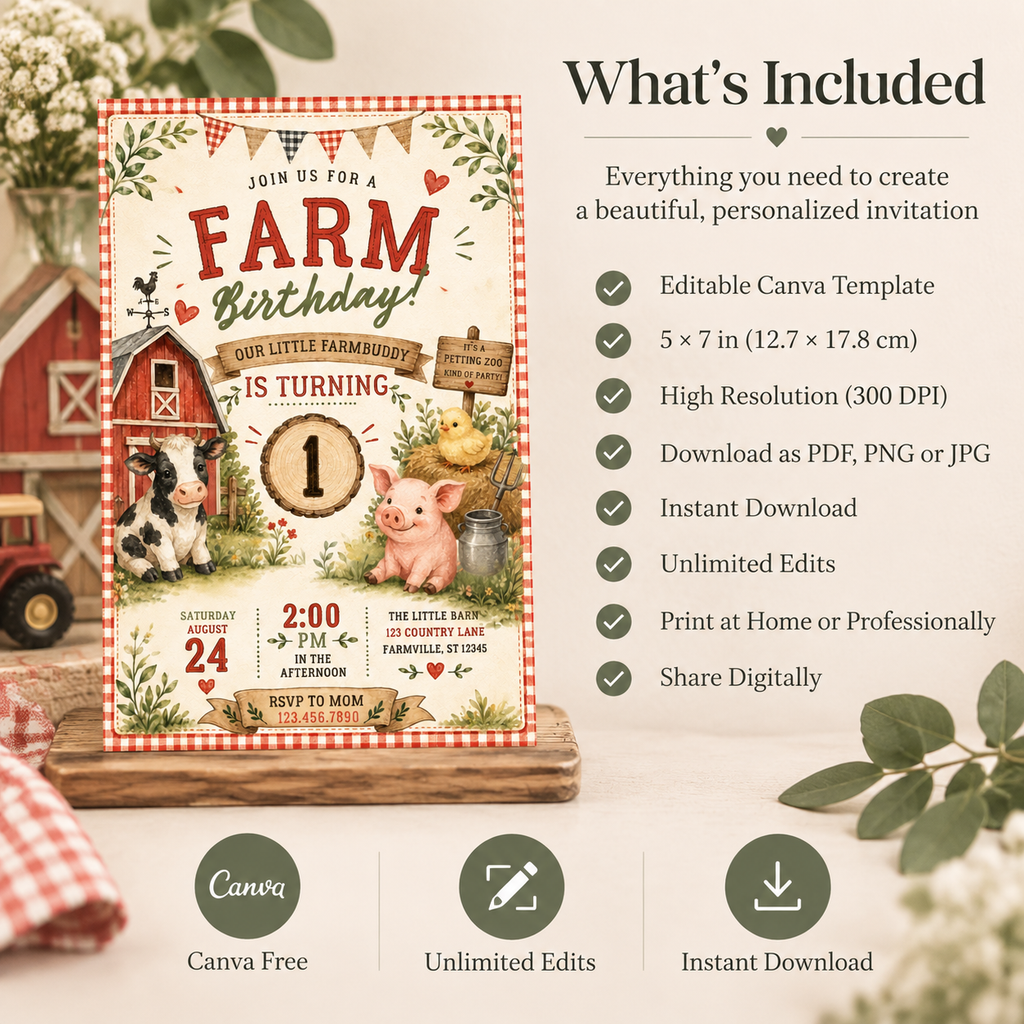 Watercolor Farm Animals Birthday Invitation