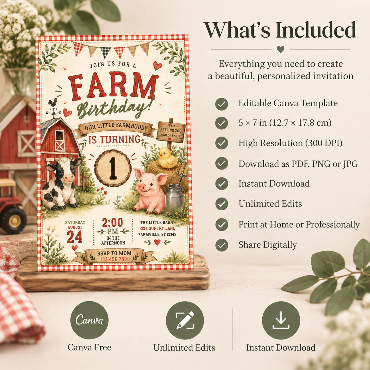 Watercolor Farm Animals Birthday Invitation