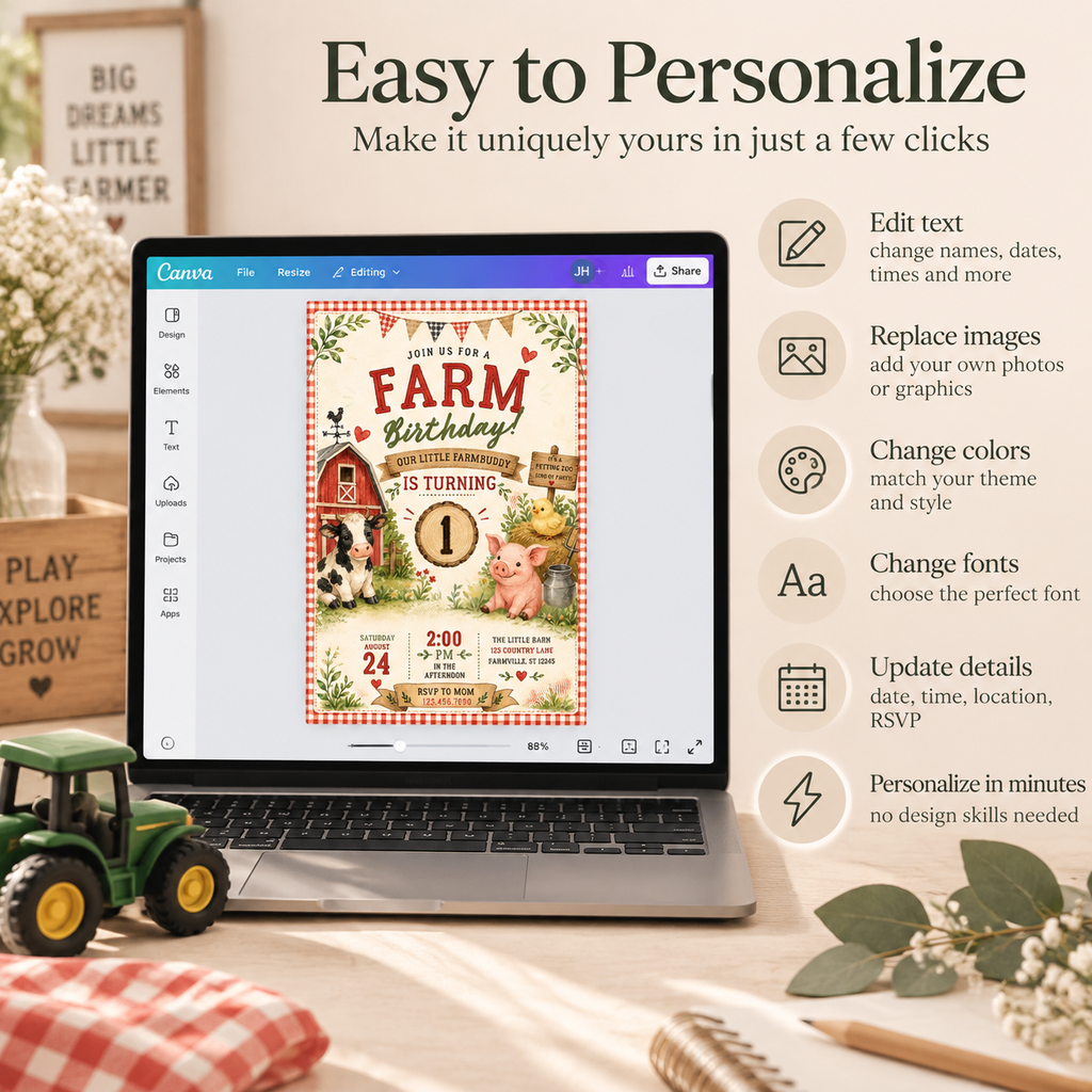 Watercolor Farm Animals Birthday Invitation