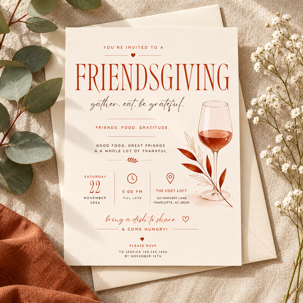 Family Halloween Party Invite - Friendsgiving Invitation Template - Rust & Cream