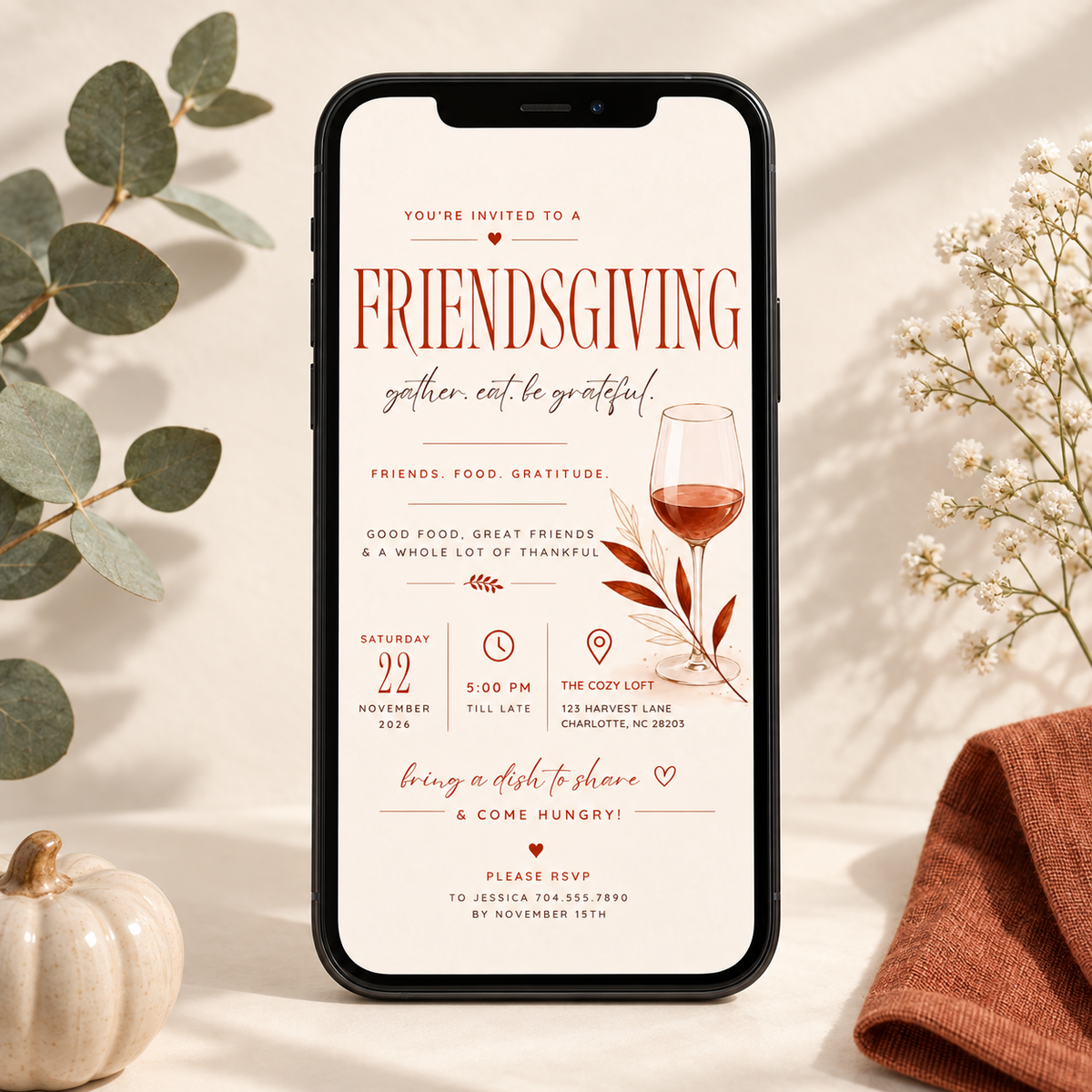 Family Halloween Party Invite - Friendsgiving Invitation Template - Rust & Cream