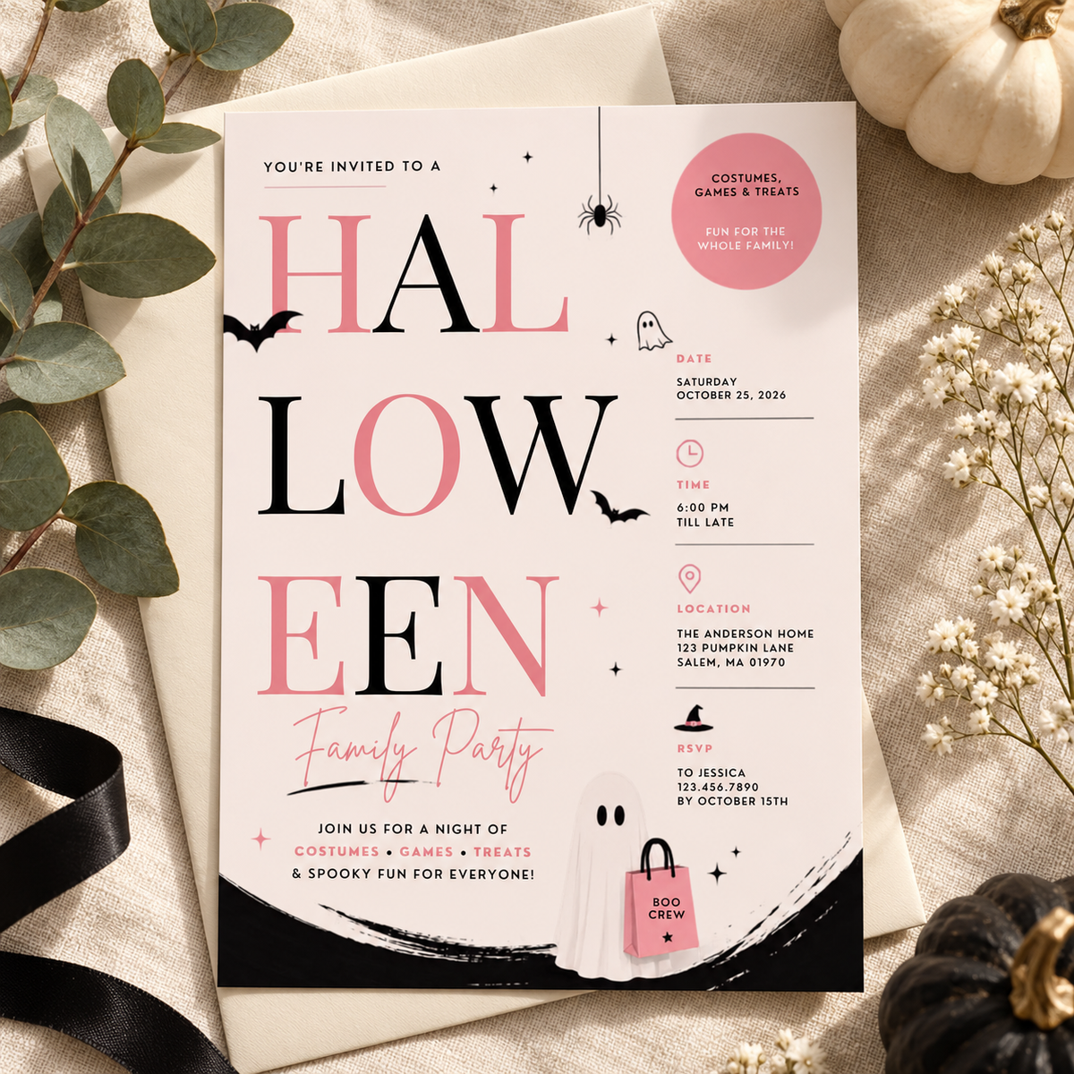 Family Halloween Party Invite - Blush Black