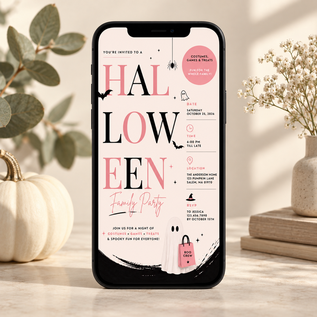 Family Halloween Party Invite - Blush Black