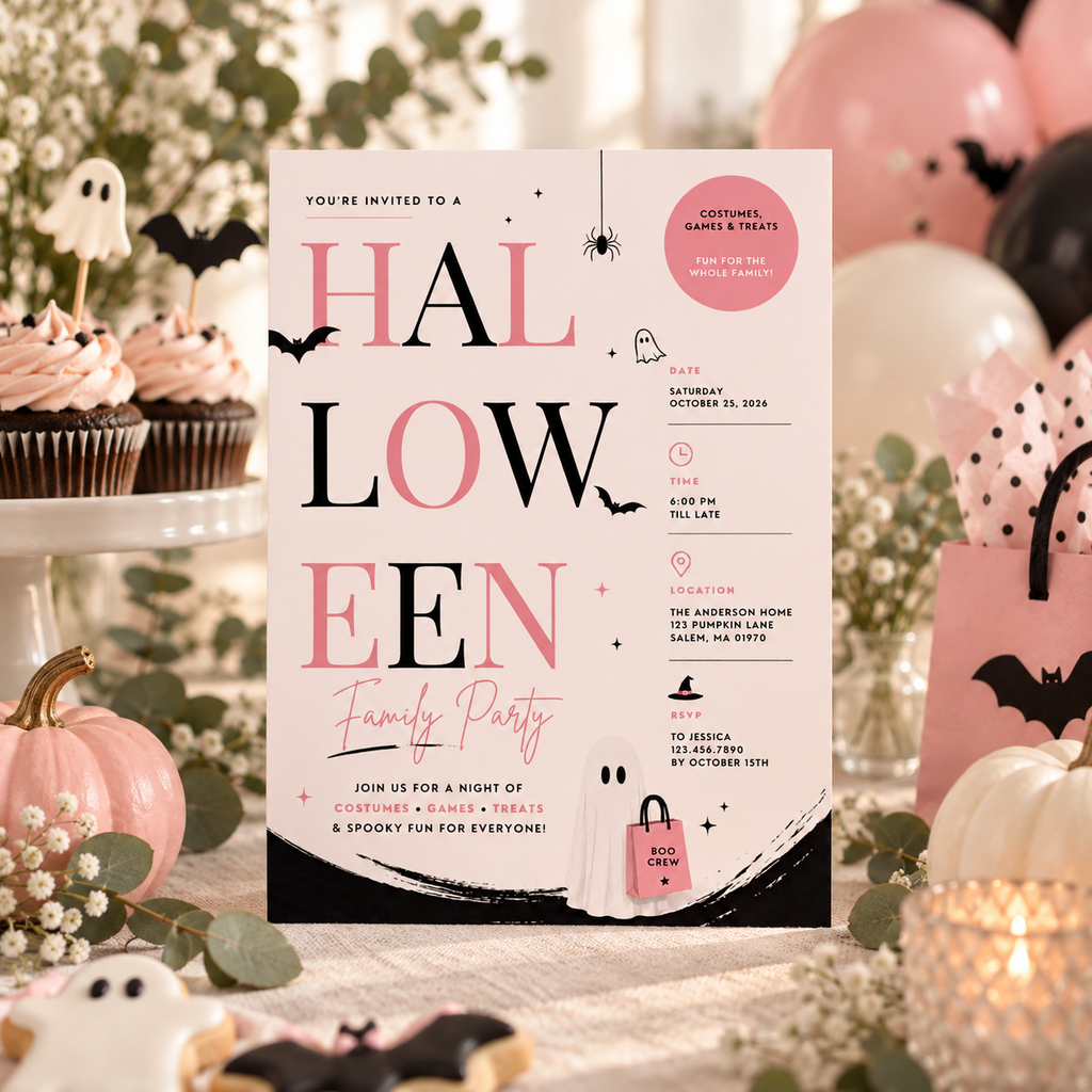 Family Halloween Party Invite - Blush Black